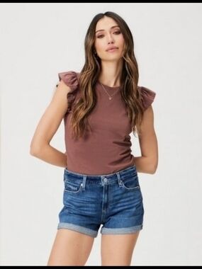 PAIGE Medium Blue Rolled Hem Jean Shorts